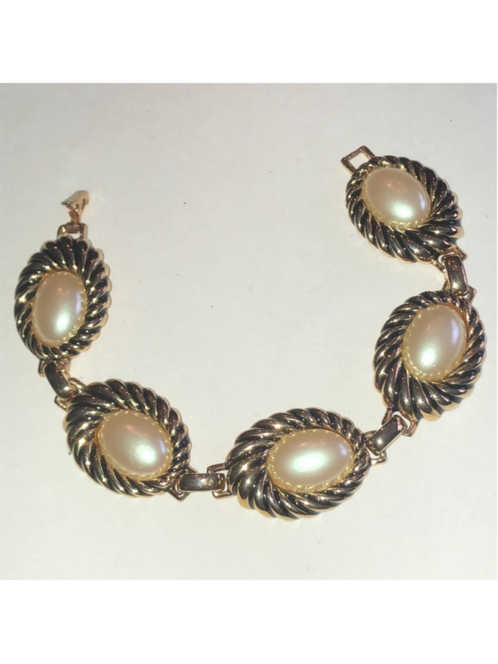 Angel Brand Signed Vintage Gold Tone Faux Pearl Bracelet